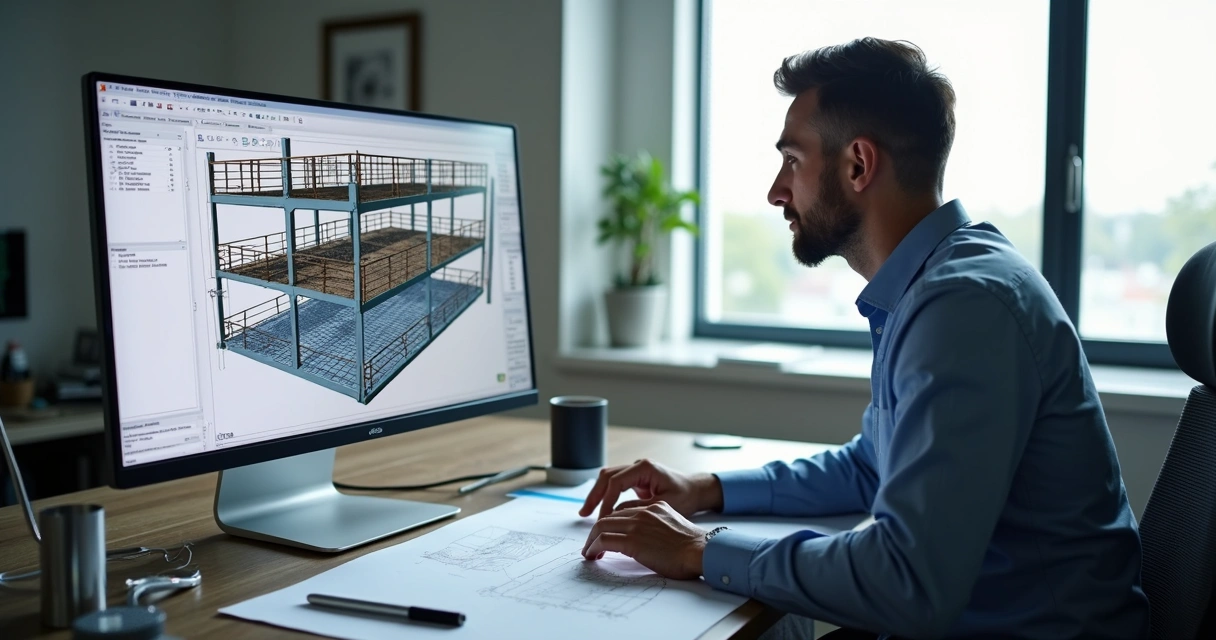 Projeto estrutural de mezanino para empresa com detalhamento em computador