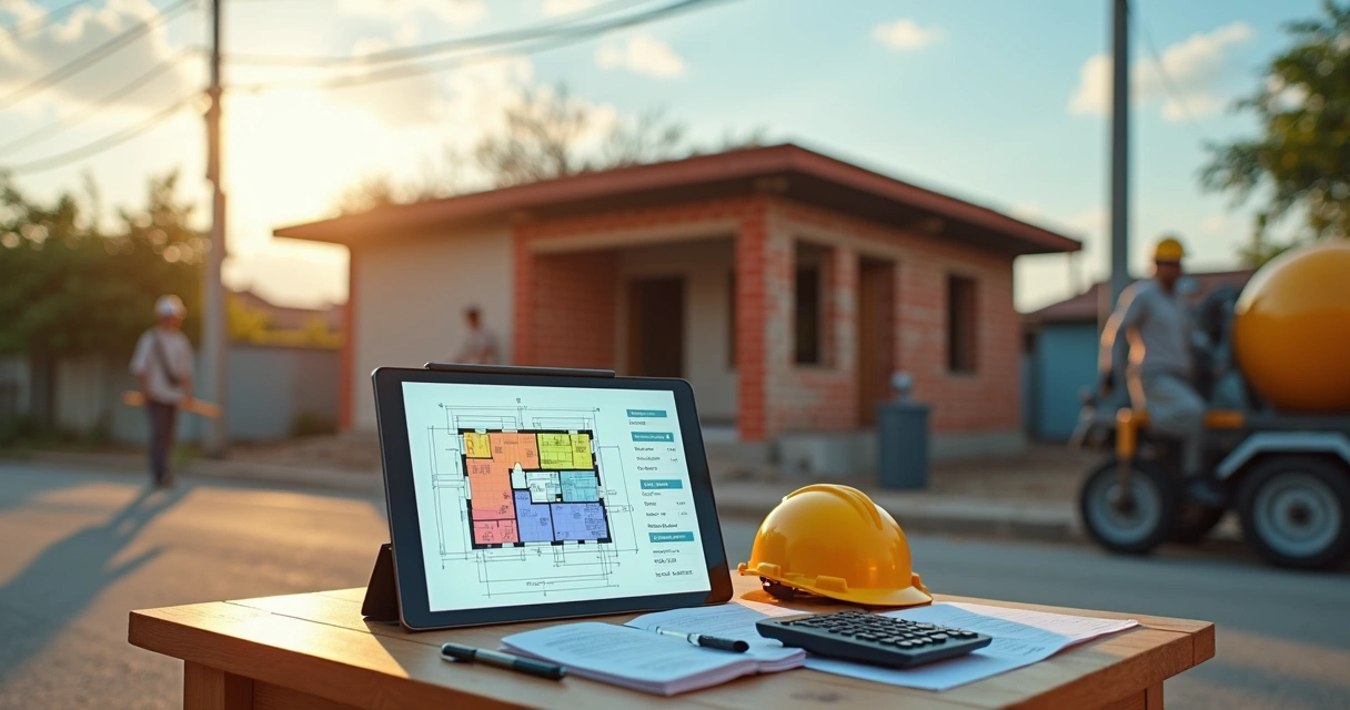 Profissional mostra planta arquitetônica digital com casa popular em construção ao fundo 