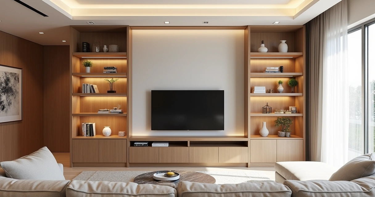 Móvel planejado em sala decorada com objetos coloridos