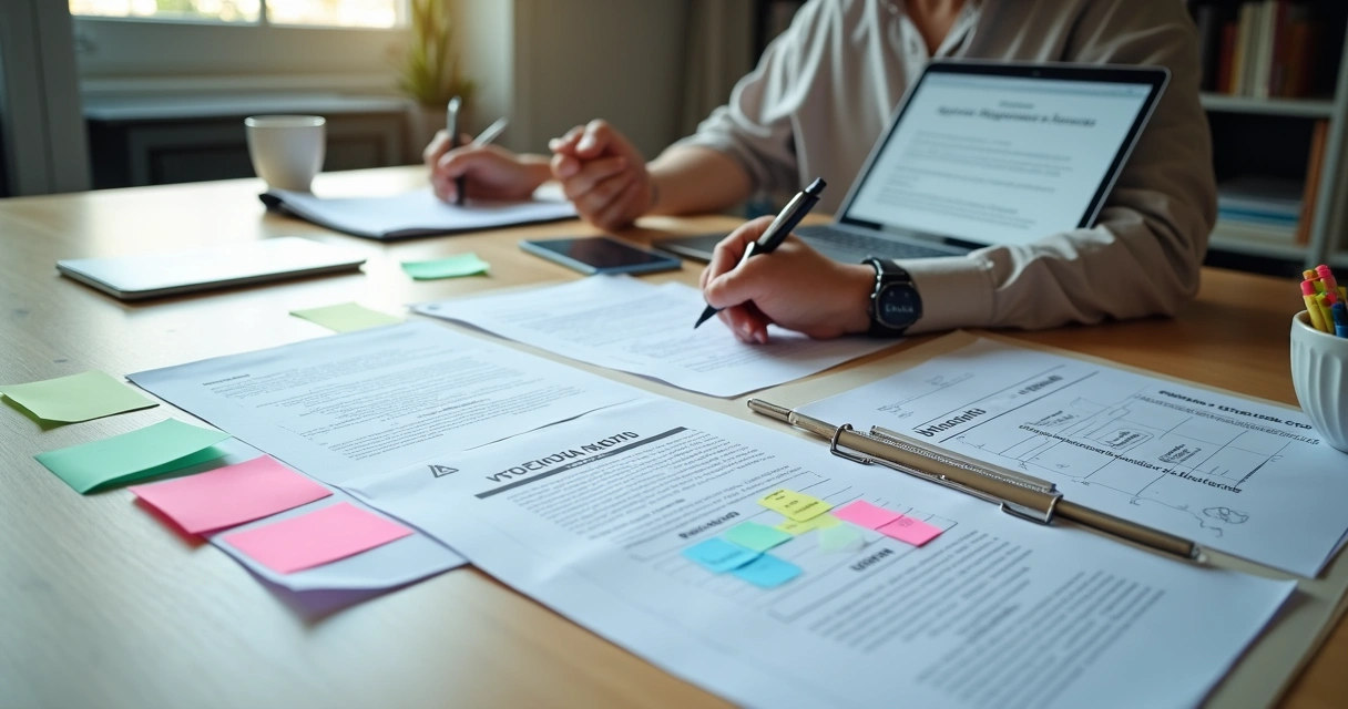 Profissional marca diretrizes de projeto pedagógico em mesa organizada com documentos acadêmicos 