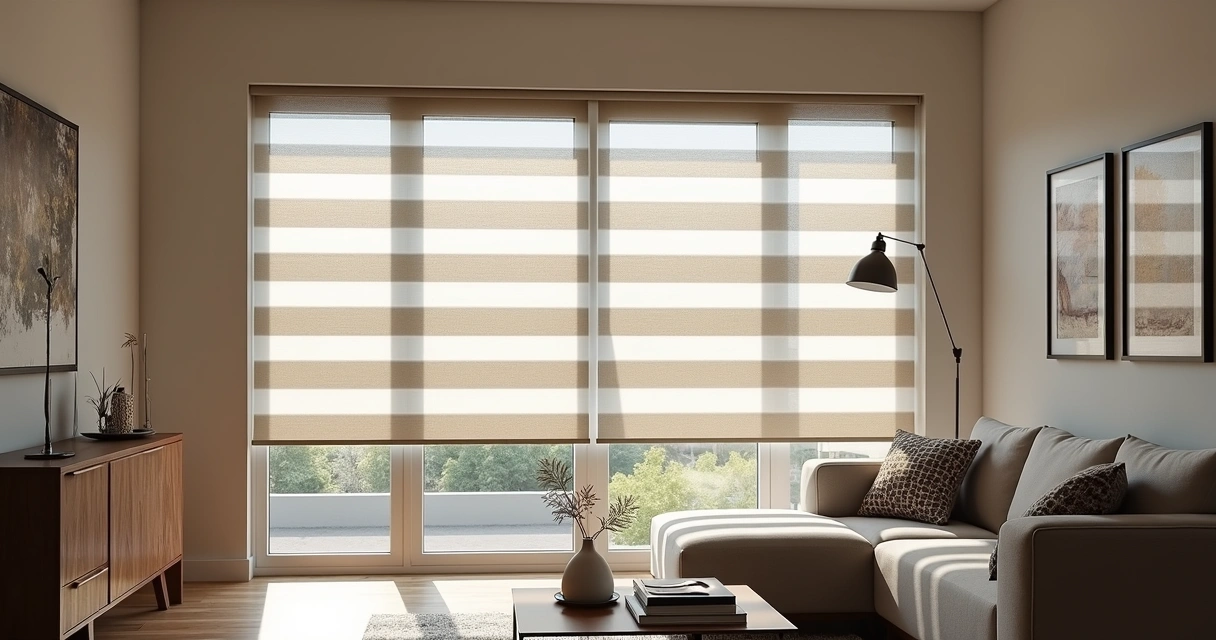 Projeto de sala com persiana personalizada em ambiente moderno 