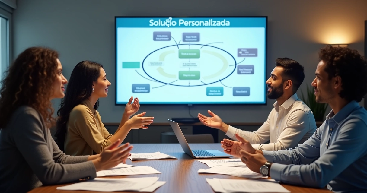 Equipe discutindo solução personalizada para empresa 