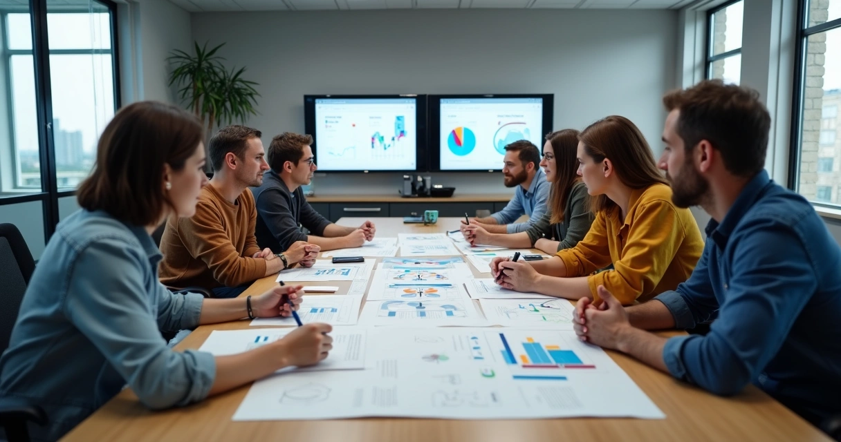 Equipe de agência de criação de sites discutindo projeto personalizado com cliente 