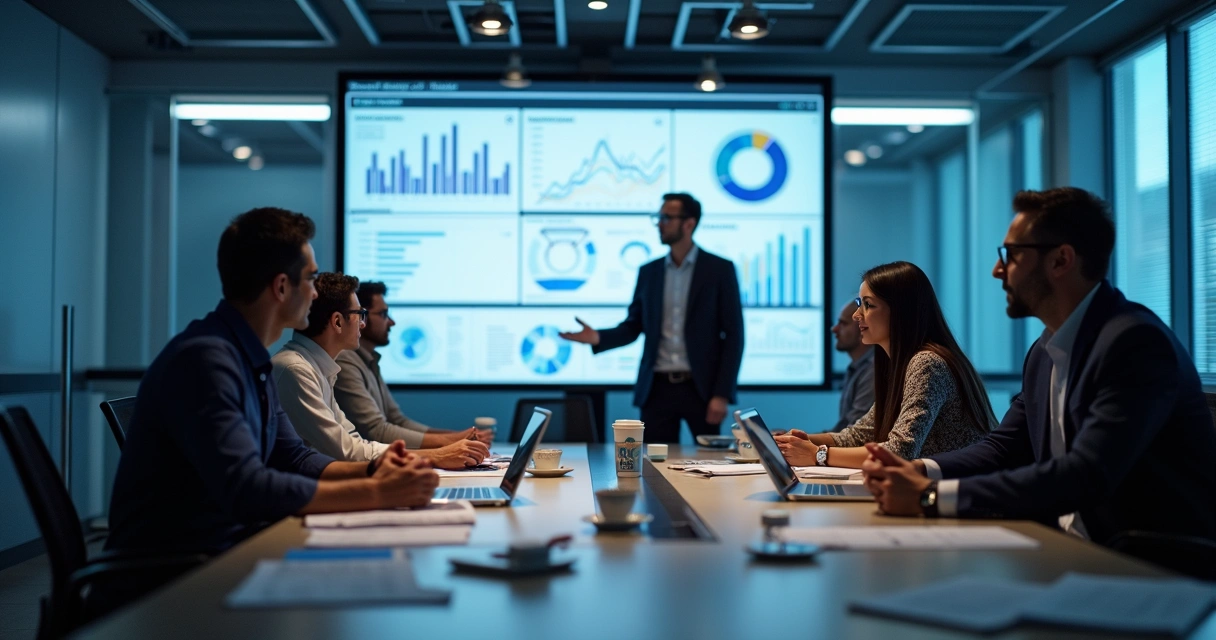 Equipe de negócios analisando telas de IA em uma sala de reuniões 