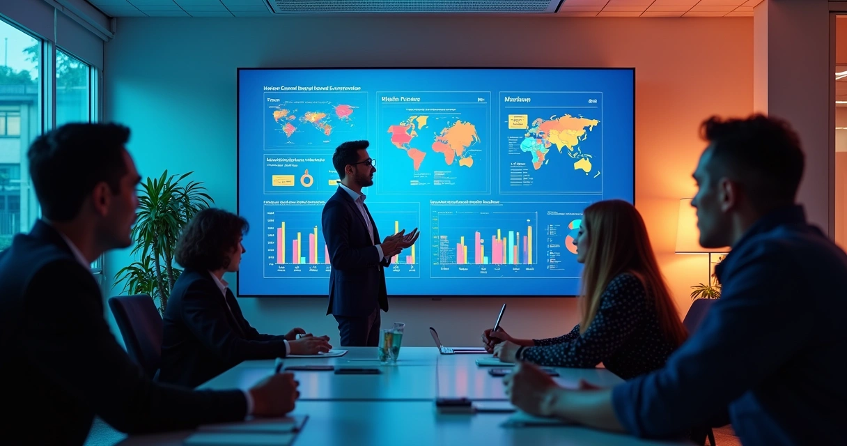 Gestor apresenta resultado de projeto-piloto de IA a colegas, painel com gráficos coloridos ao fundo. 