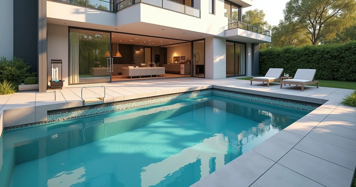 Visão 3D de projeto técnico de piscina residencial integrada à casa e área externa 