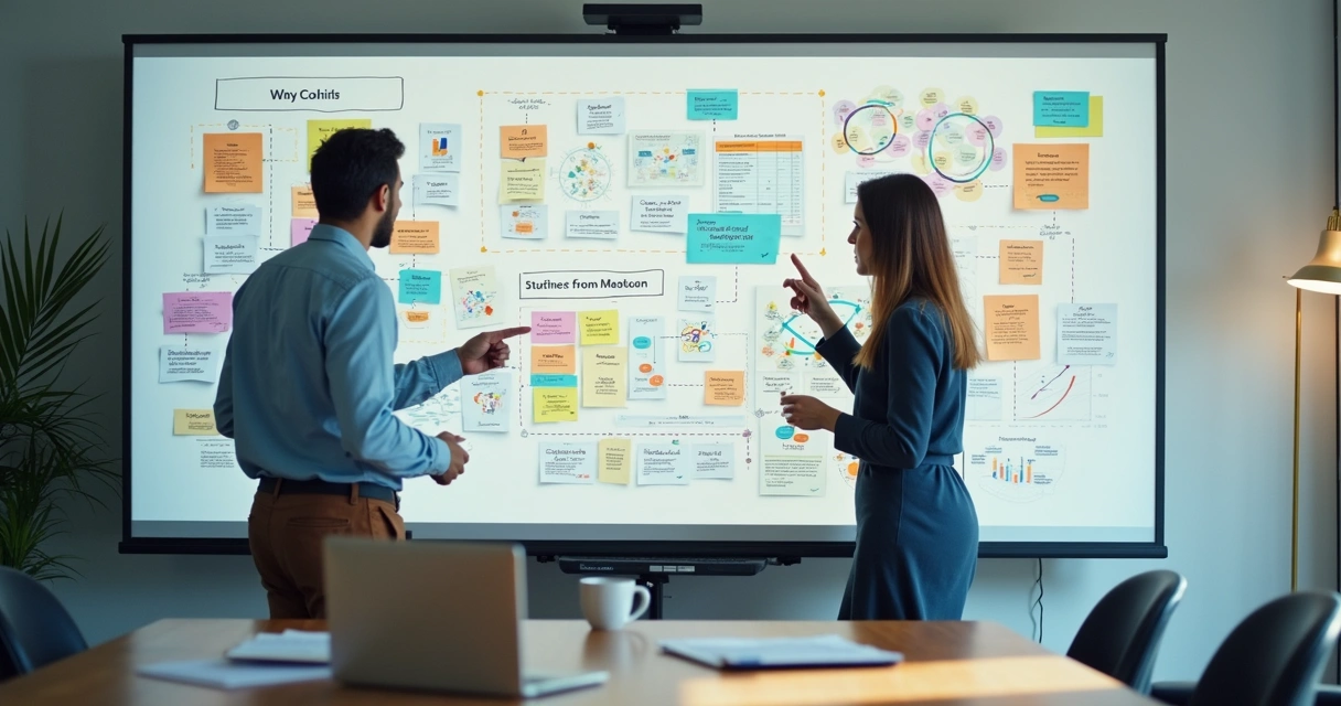Duas pessoas analisando um quadro branco com fluxos e dados 