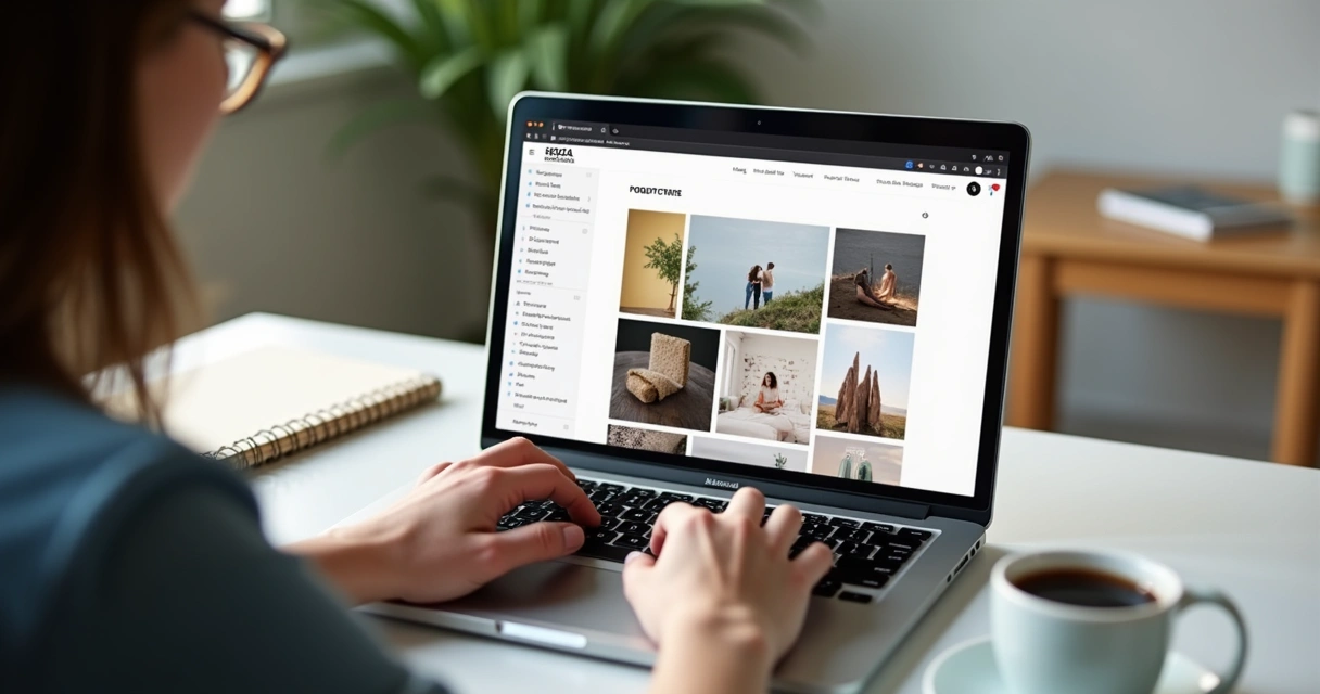 Exemplo de portfólio digital apresentado em um notebook com galeria de imagens e menu lateral 