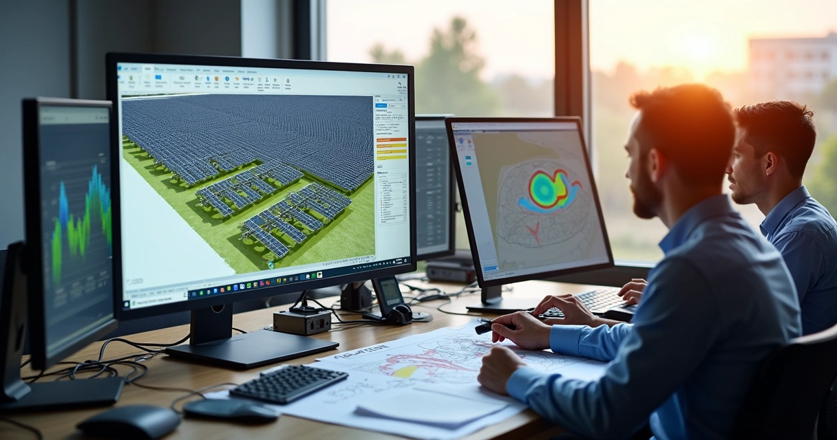 Simulação de layout de usina solar com painéis e inversores detalhados 