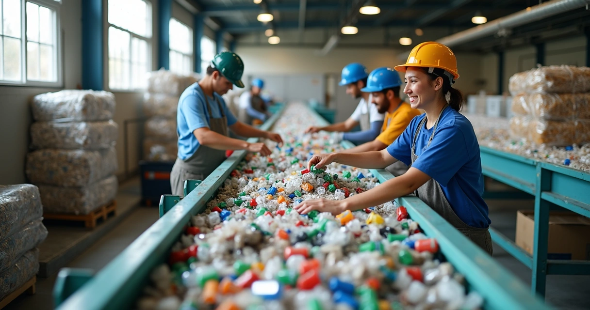 Cooperativa de reciclagem com funcionários separados por pilhas de materiais 