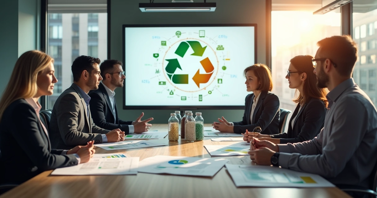 Empresários analisando projeto de reciclagem em reunião com gráficos e materiais recicláveis na mesa 