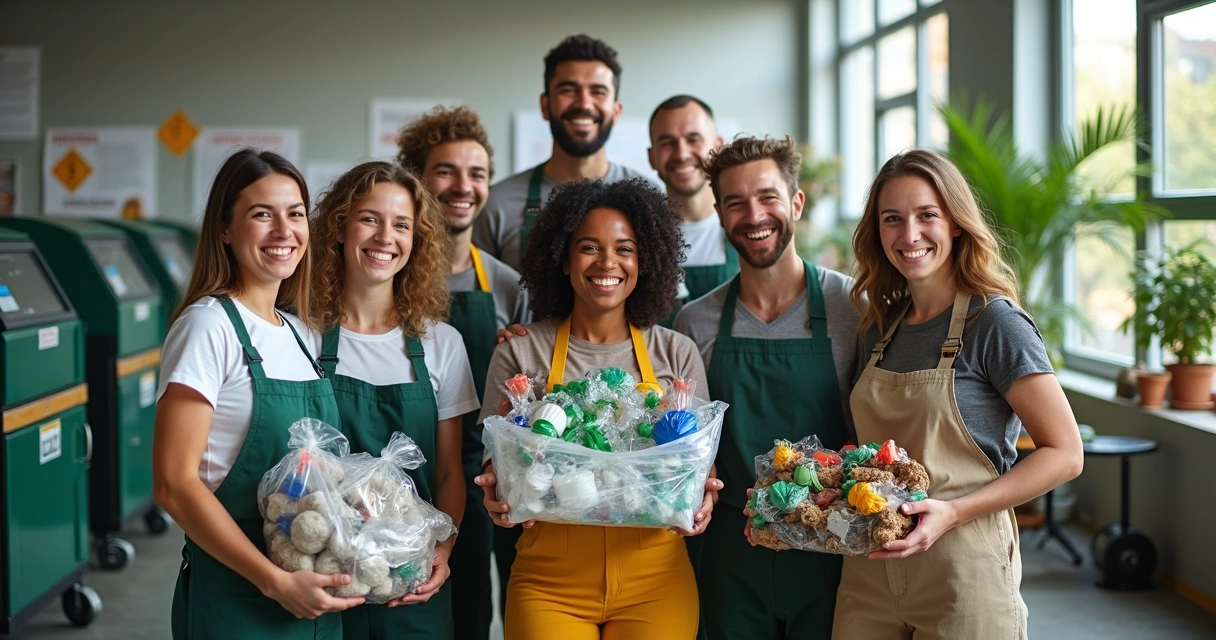 Equipe de cooperados de reciclagem reunida com resíduos separados e maquinário moderno