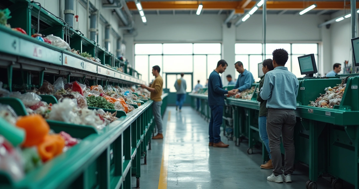 Equipe operando equipamentos modernos de reciclagem em centro de triagem com materiais recicláveis organizados e ambiente limpo e iluminado 