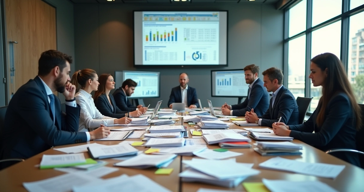 Profissionais analisando pilhas de papéis e várias planilhas em uma mesa de reunião de projeto REURB. 