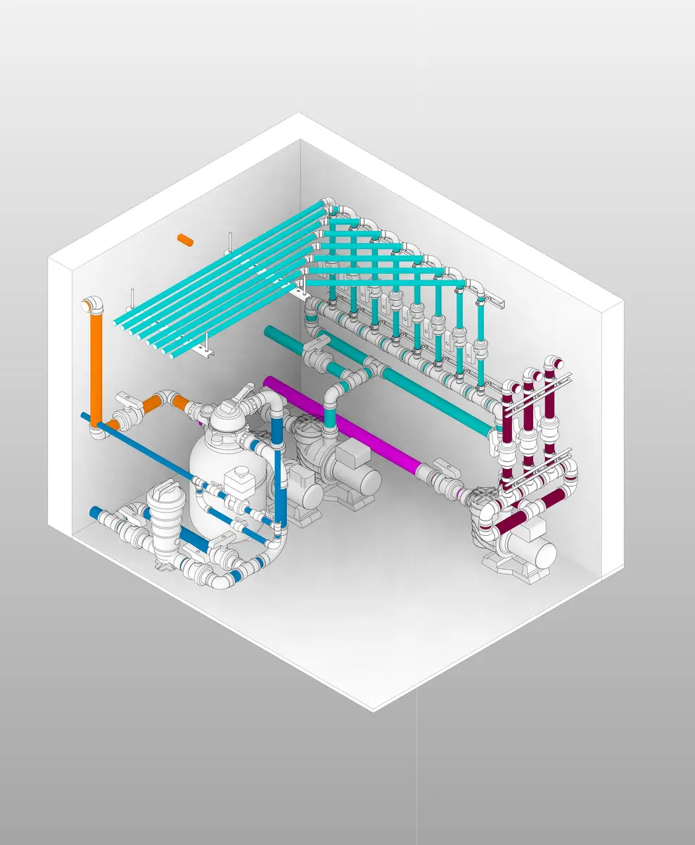 Projeto 3D de sistema hidráulico de piscina com tubulações coloridas e equipamentos dentro de casa de máquinas