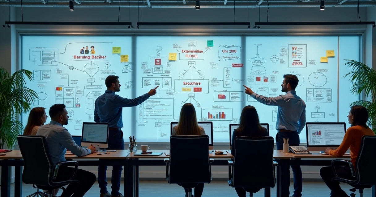 Equipe de desenvolvimento reunida em mesas com computadores discutindo projeto personalizado 