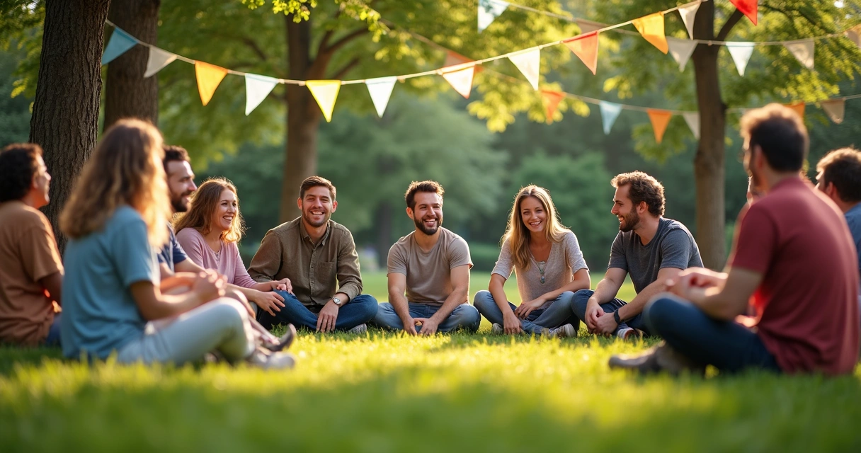 Pessoas diversas reunidas em uma roda participando de dinâmica comunitária ao ar livre 