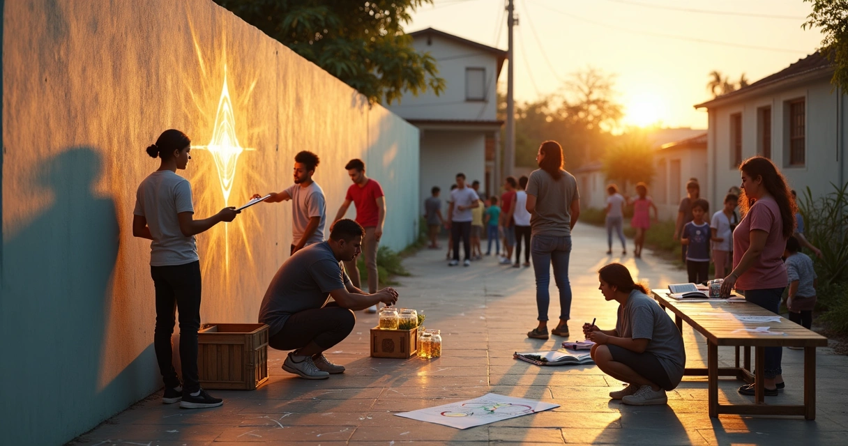 Equipe diversa colhendo luz de um mural brilhante para levar à comunidade 