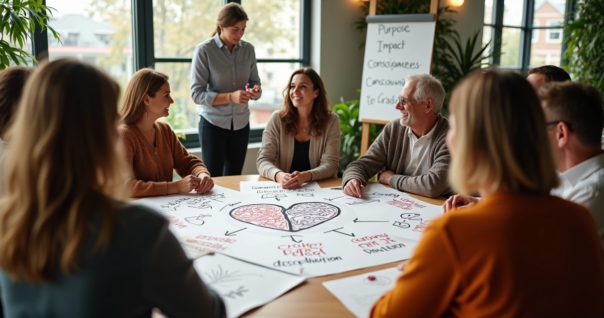 Grupo diverso em roda planejando projeto social com foco em propósito e consciência 
