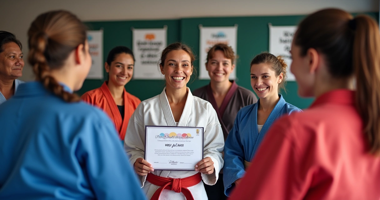 Grupo de mulheres de várias idades após treino de jiu-jitsu com instrutora em academia
