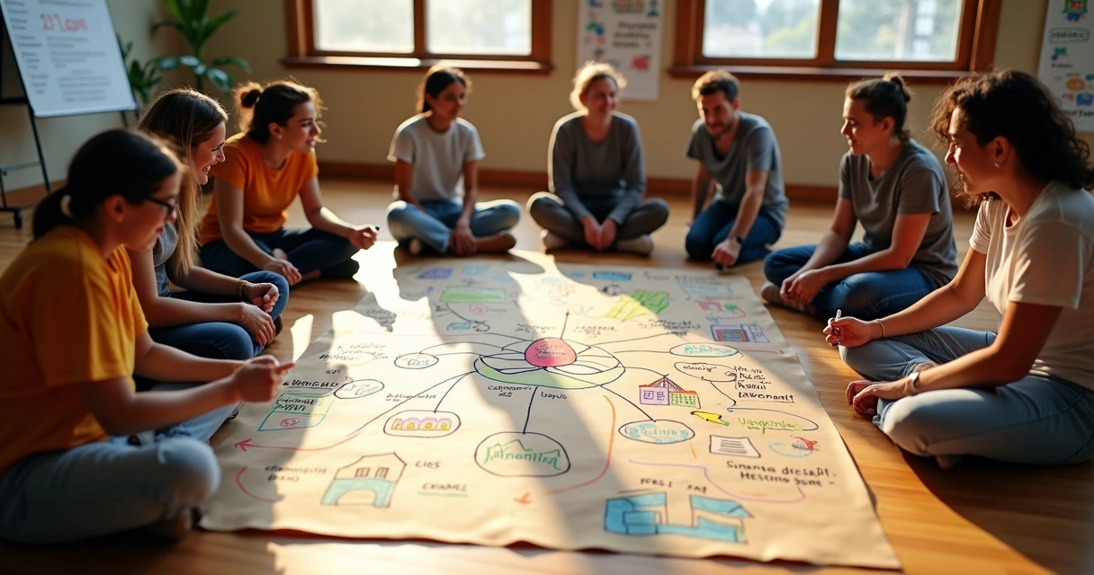 Grupo diverso desenhando um mapa coletivo colorido no chão 