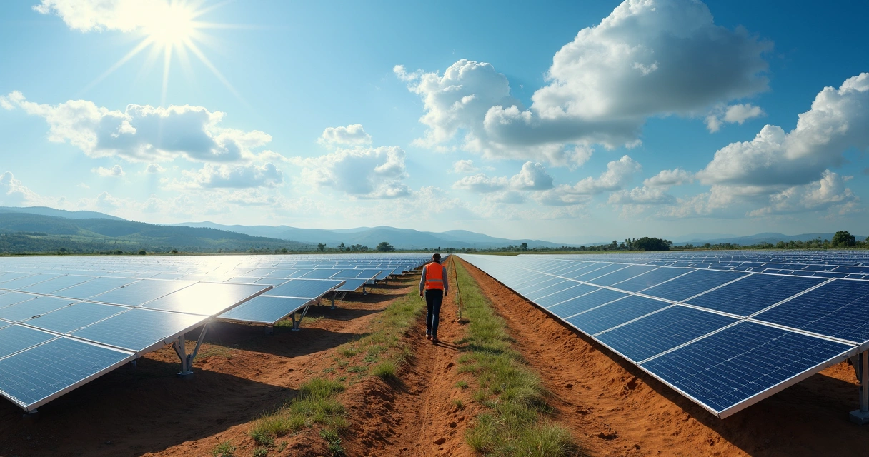 Projeto de usina solar industrial com painéis alinhados em campo aberto 