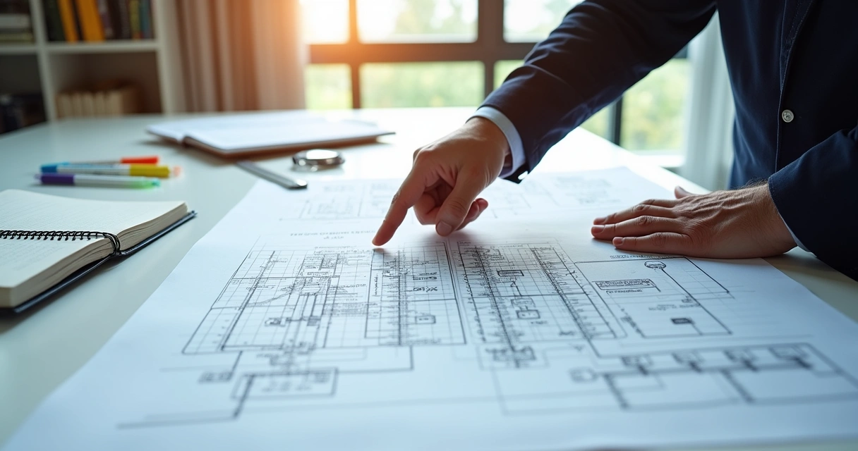 Engenheiro analisando projeto de subestação elétrica em mesa de trabalho. 