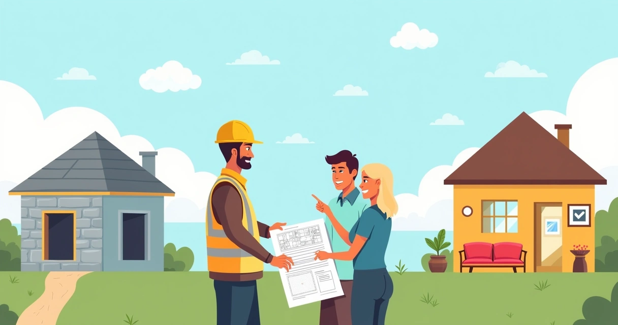 Ilustração de um projeto de construção turn key com casal feliz, gerente de obras e estágio de acabamento.