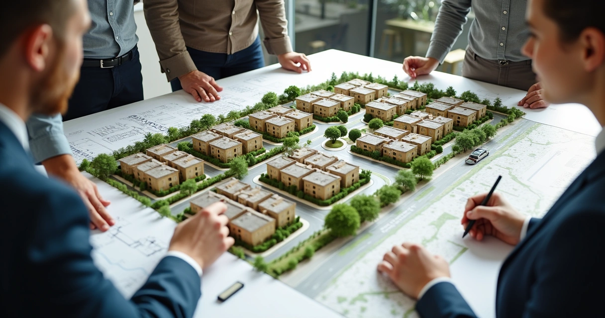 Projeto urbanístico de condomínio com lotes demarcados e áreas verdes 