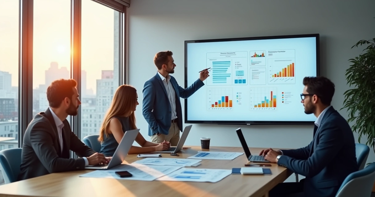 Consultor apresenta projeto web de alto ticket para cliente em reunião moderna 