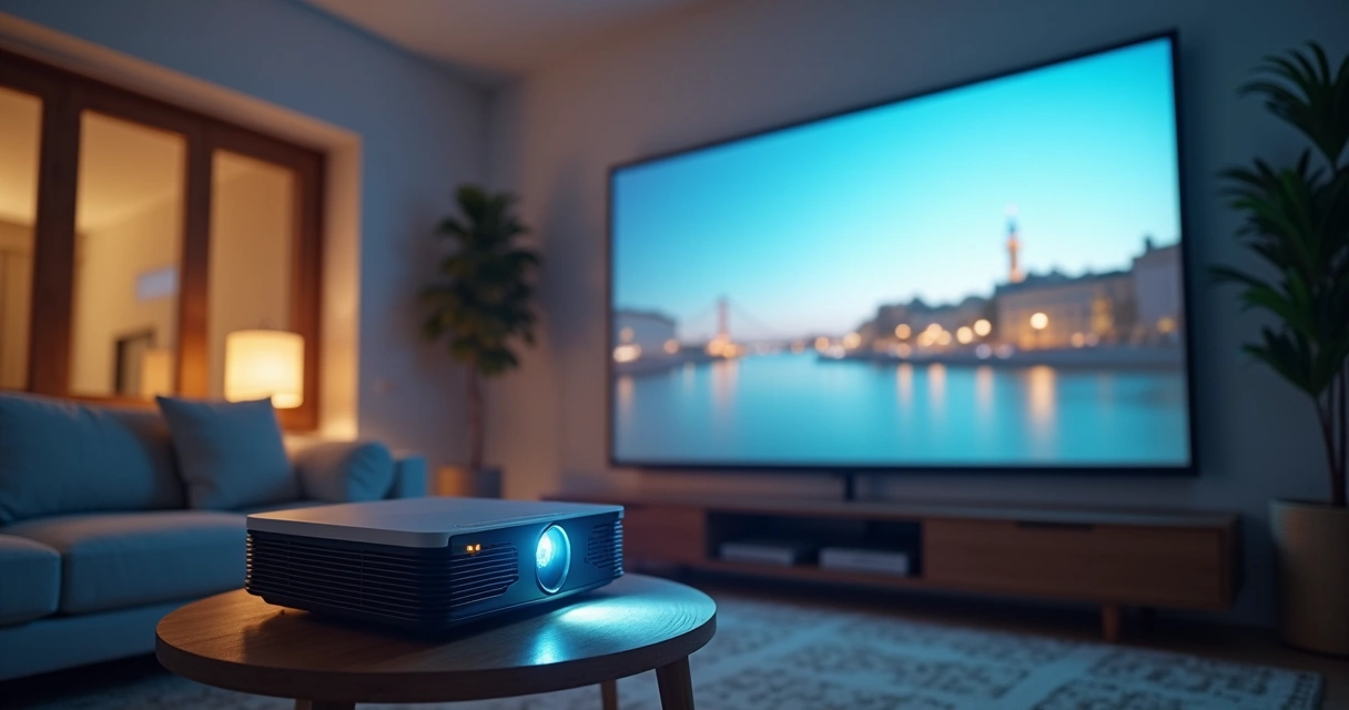 Mini projetor LCOS 4K no canto da sala projetando imagem ampla 