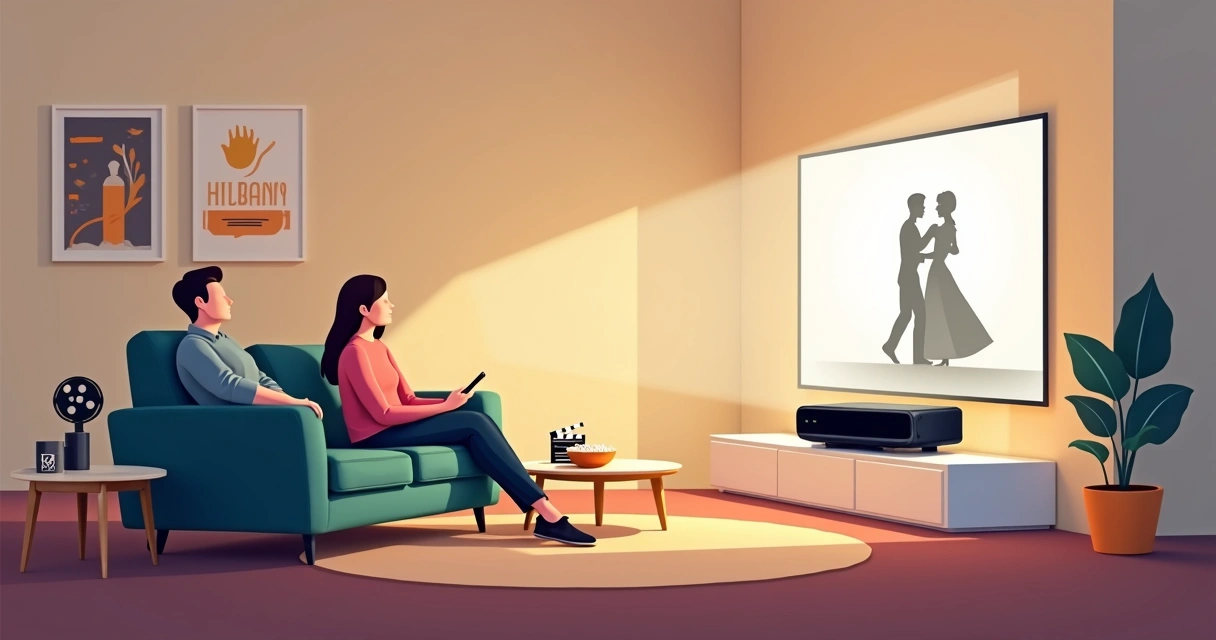 Sala de estar moderna com projetor exibindo cena de filme clássico em tela grande 
