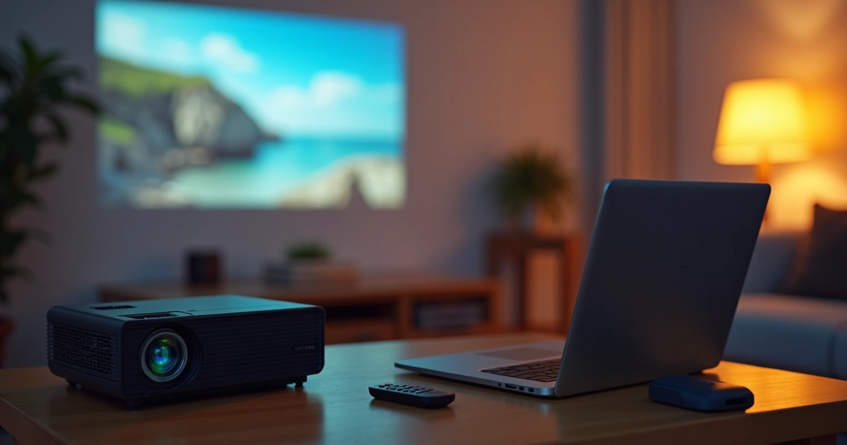 Projetor portátil em sala pequena conectando a notebook 