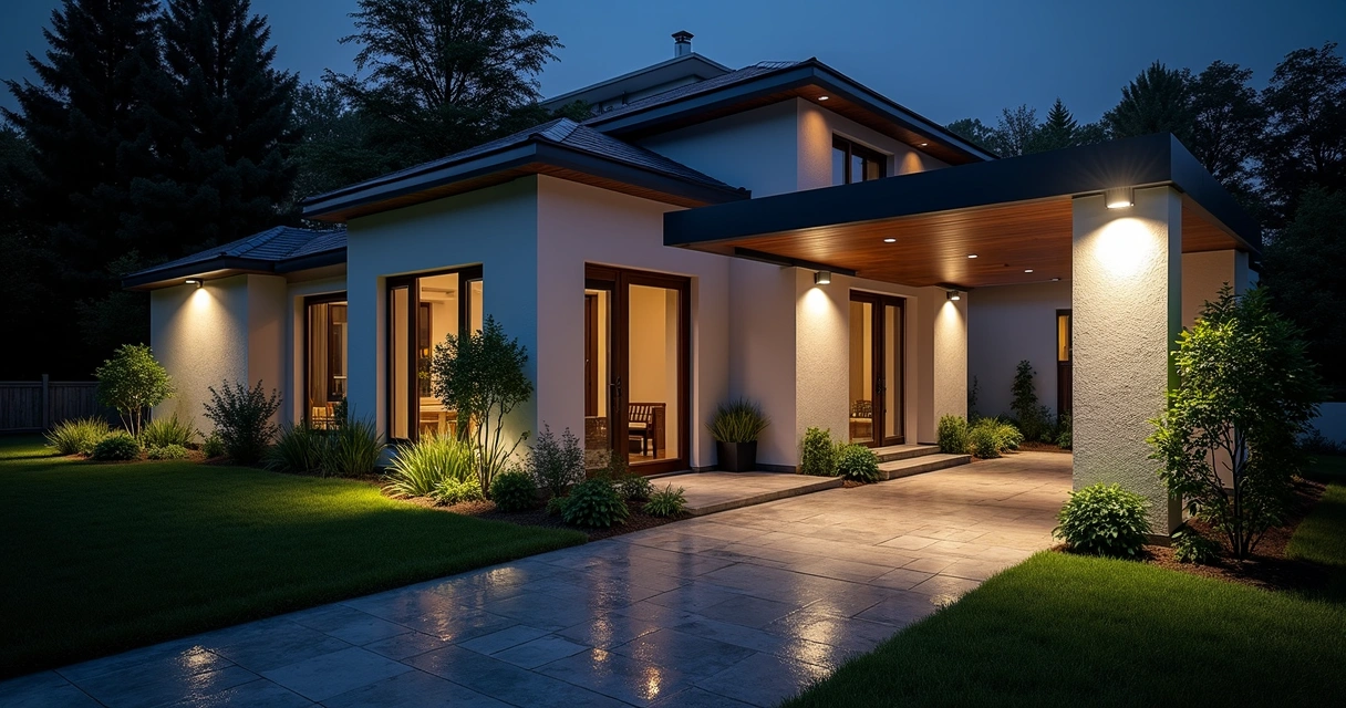 Projetores LED iluminando jardim ao lado de casa moderna 