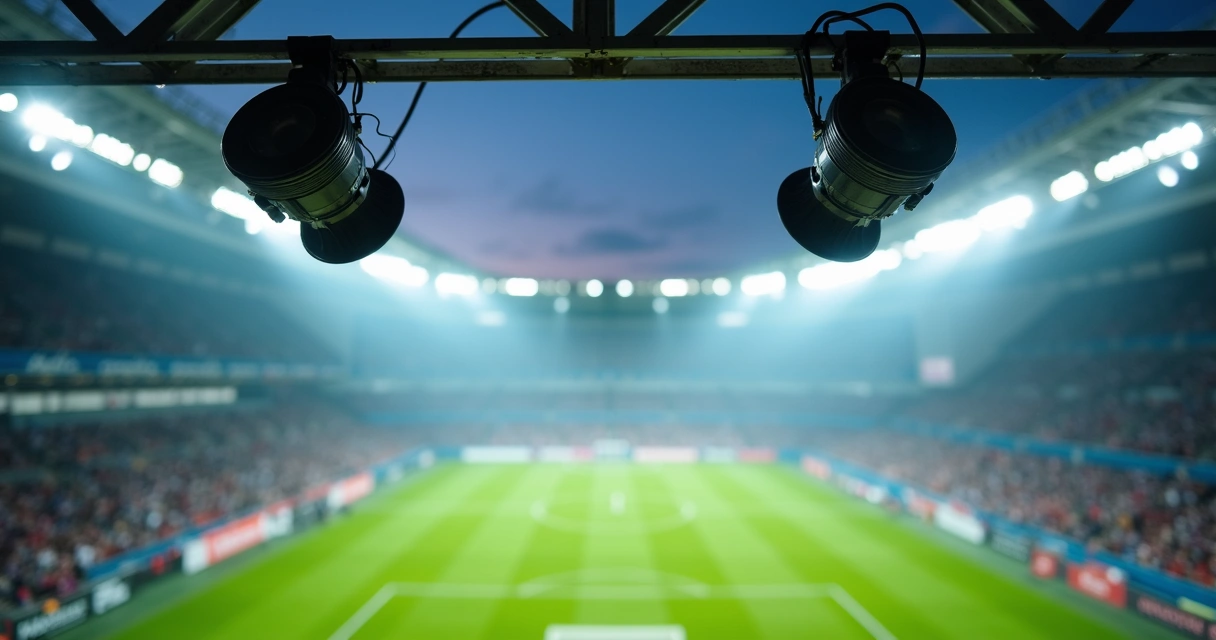Projetores LED instalados em estrutura metálica acima de estádio de futebol 