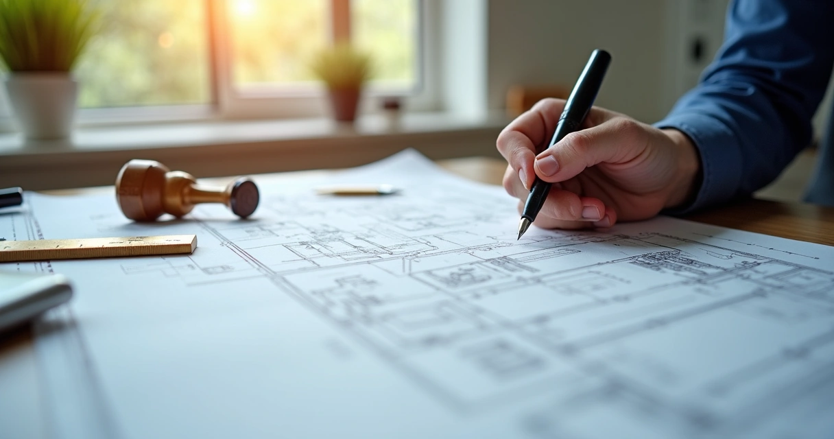 Mesa com projetos arquitetônicos assinados por engenheiro civil 