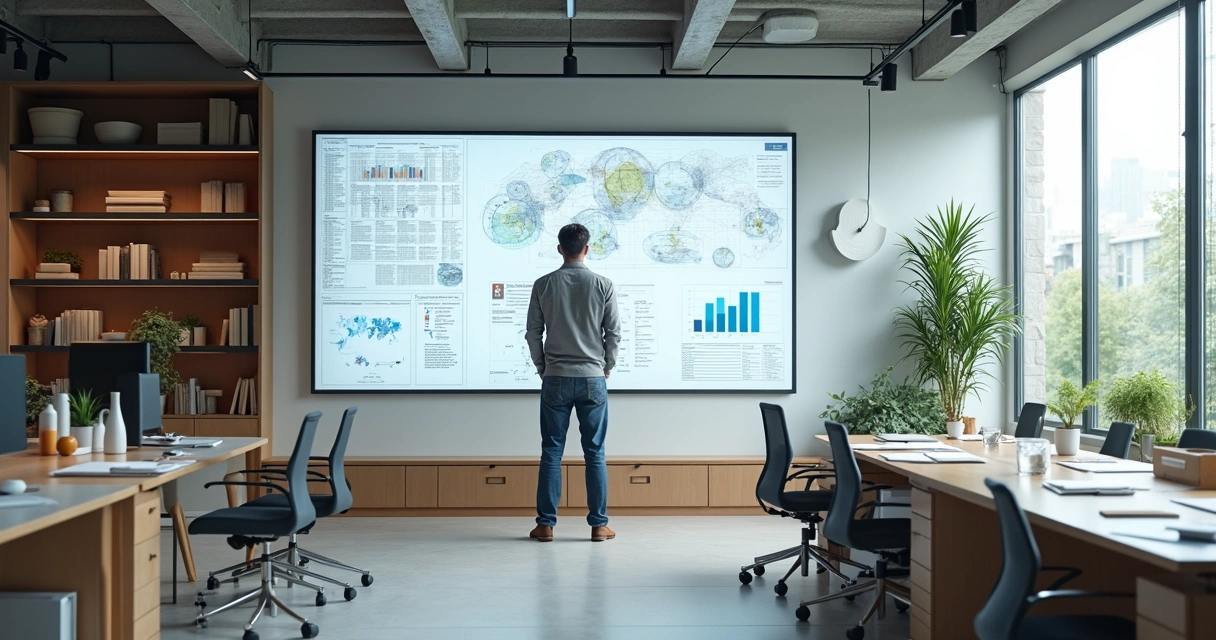 Arquiteto analisando projetos em tela digital com gráficos e documentos ao redor 