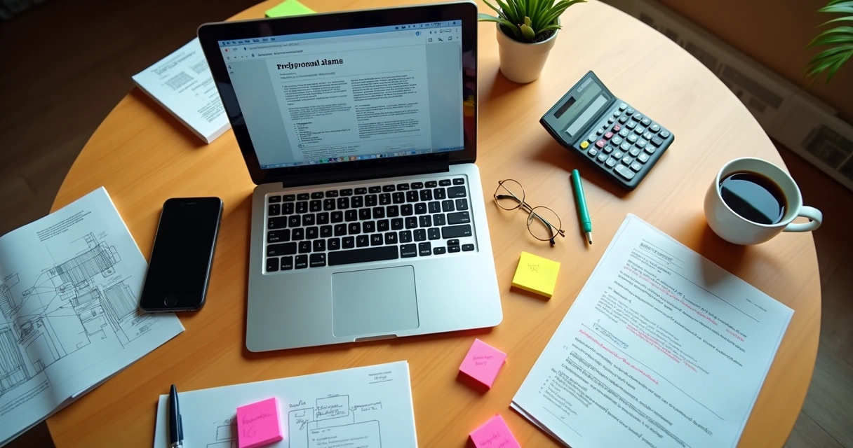 Área de trabalho com notebook, anotações de projeto e planilhas de controle