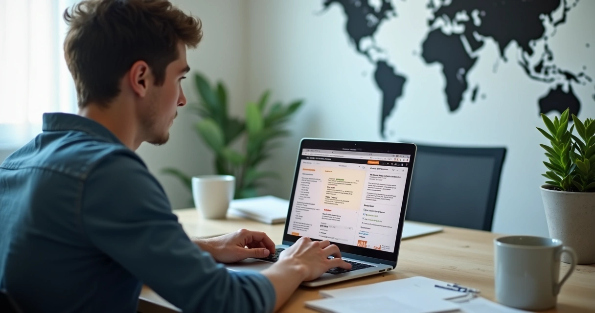 Homem mexendo em laptop, tela mostrando repositórios GitHub