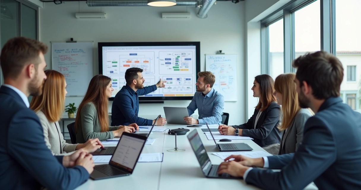 Equipe de profissionais de TI em sala de reunião, analisando telas de aplicativos em notebooks e tablets