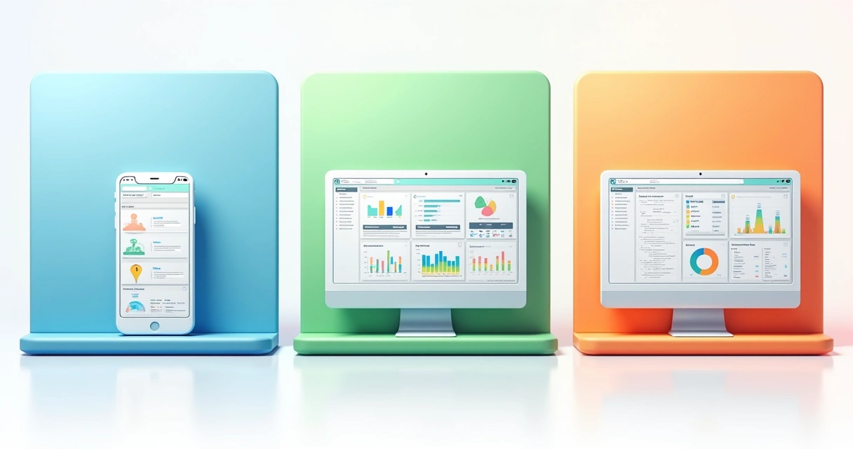 Comparação visual de aplicativos, sistemas médios e grandes em três blocos horizontais distintos 