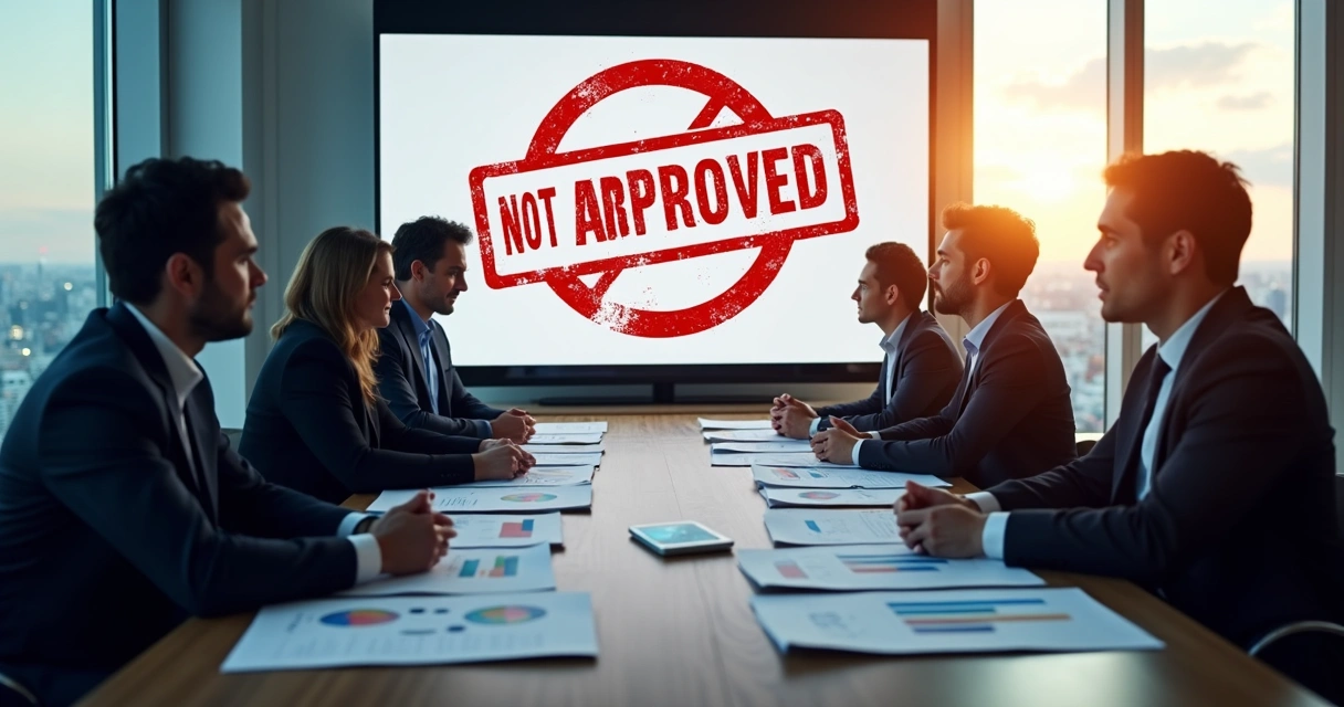 Apresentação de projeto barrado com carimbo de reprovação em reunião corporativa. 