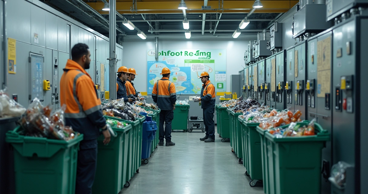 Equipe de catadores trabalhando em centro de reciclagem com equipamentos modernos e painéis explicativos ao fundo