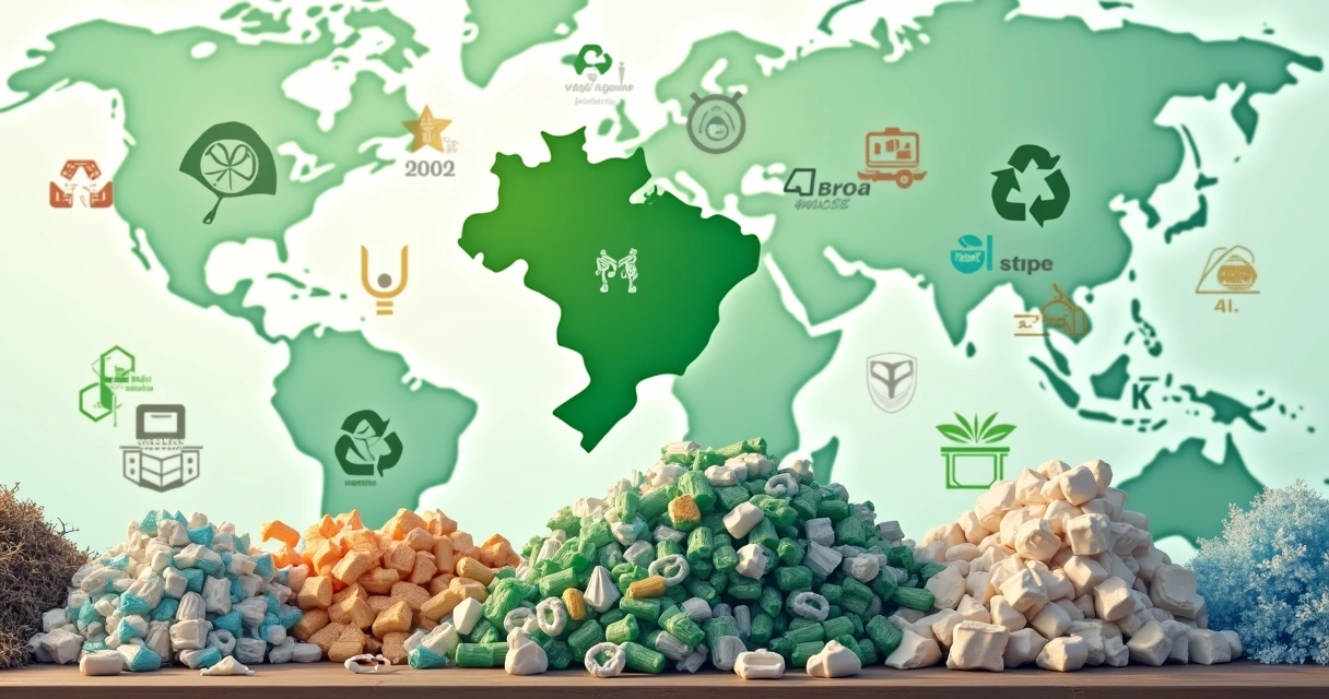 Diversos projetos de reciclagem representados por pilhas de materiais recicláveis em frente a logotipos de empresas brasileiras, fundo com mapa mostrando 12 estados destacados 