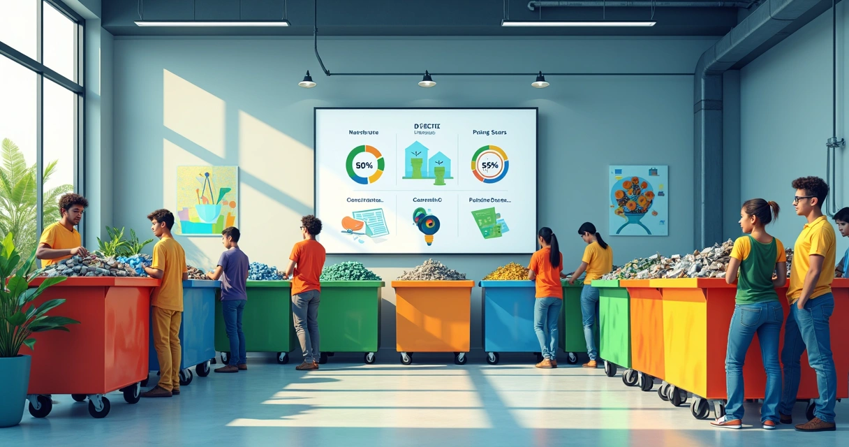 Visão de cooperativa de catadores atuando junto a um centro de reciclagem moderno, com empresas realizando aporte e indicadores de impacto ao fundo 