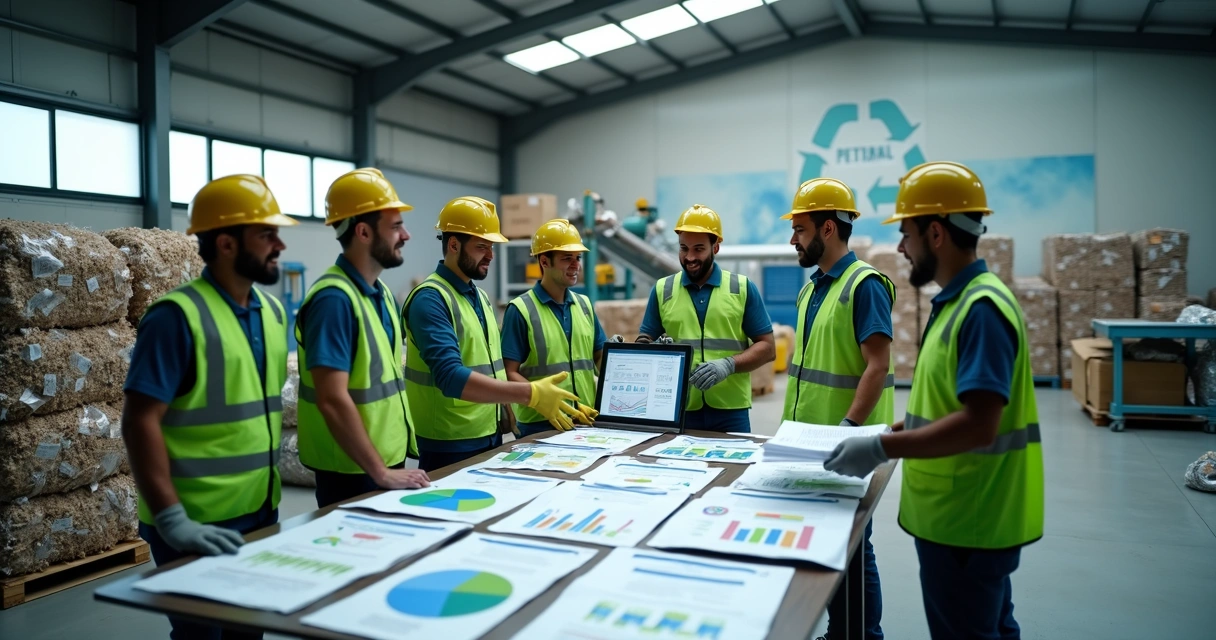 Equipe de catadores e gestores analisando materiais recicláveis em galpão moderno 