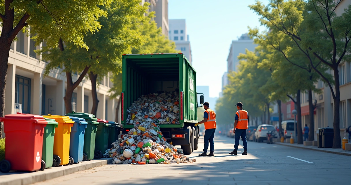 Caminhão coleta materiais recicláveis em área urbana enquanto cooperados trabalham ao redor
