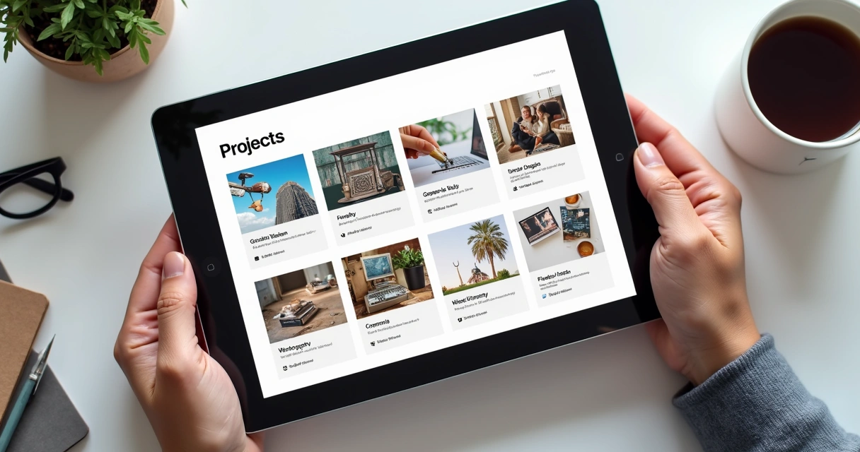 Montagem de projetos visuais destacados em tela de tablet