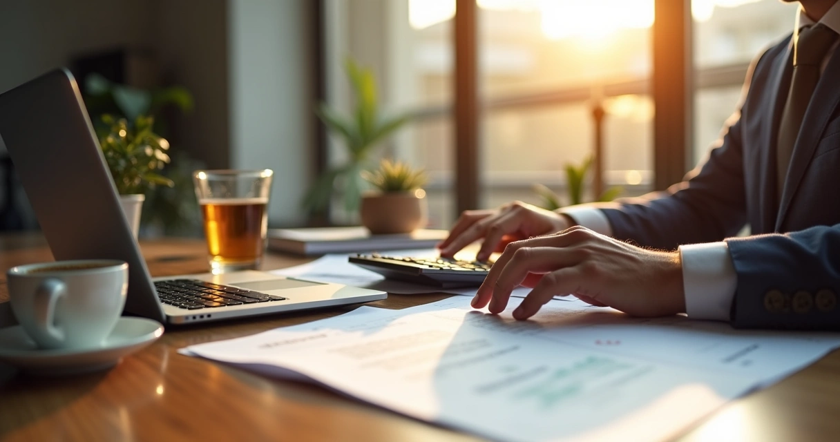 Empresário calculando pagamentos em um escritório moderno 