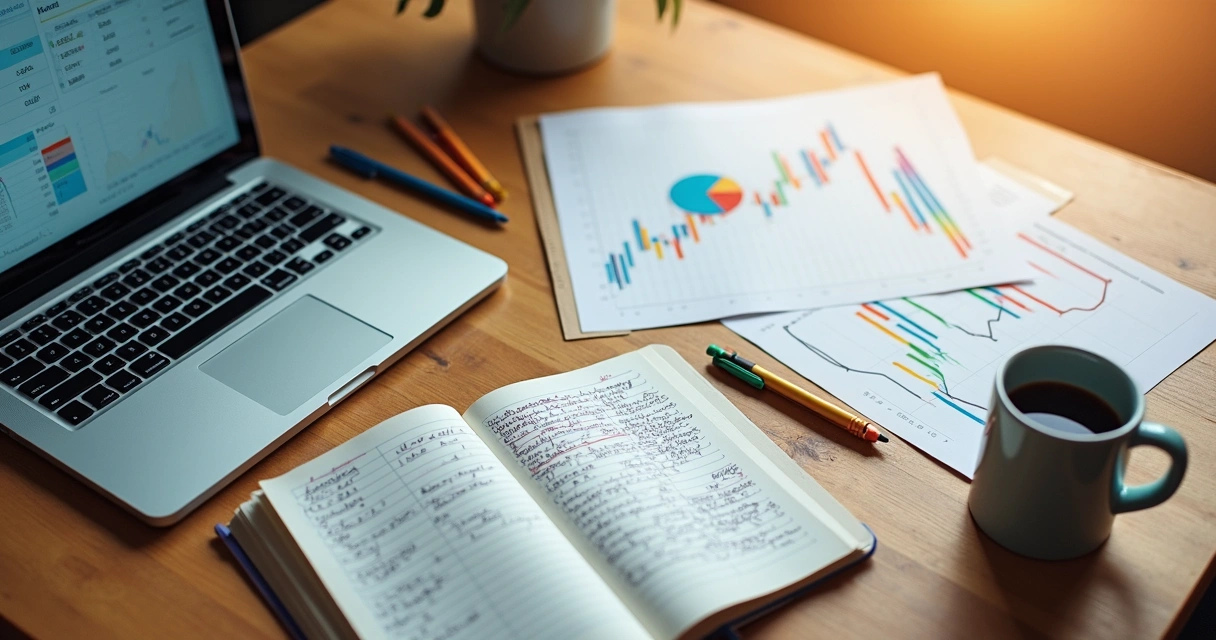 Anotações financeiras em caderno ao lado de notebook e gráficos em papel